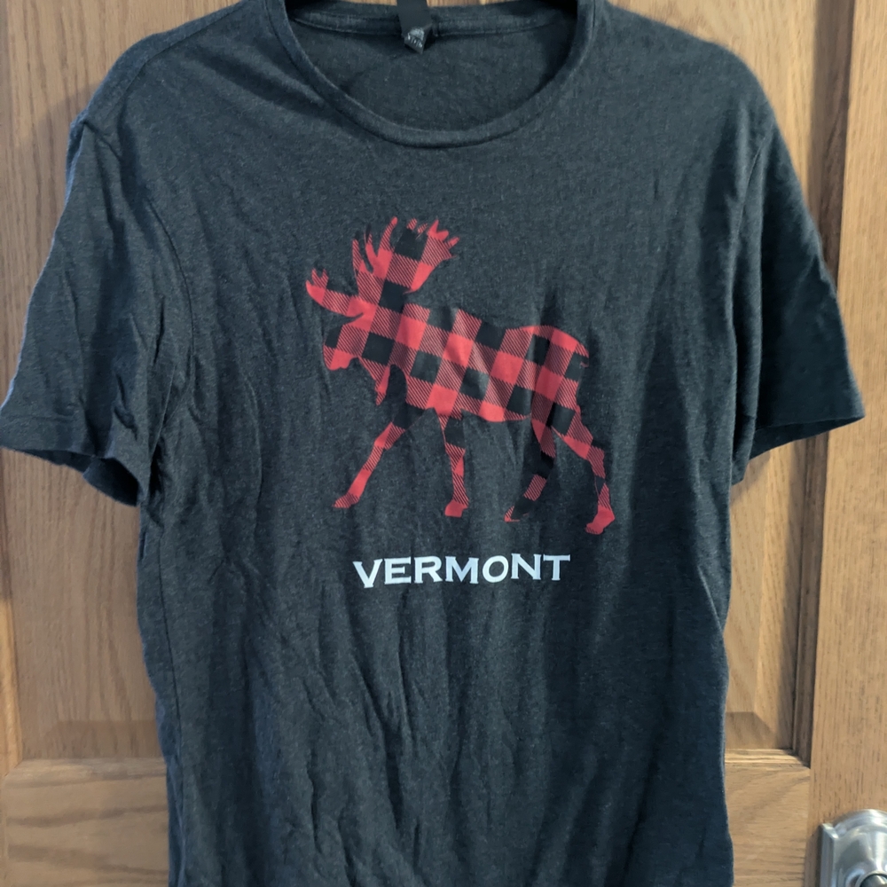 District Black Tee with Red Plaid Moose - Vermont Graphic